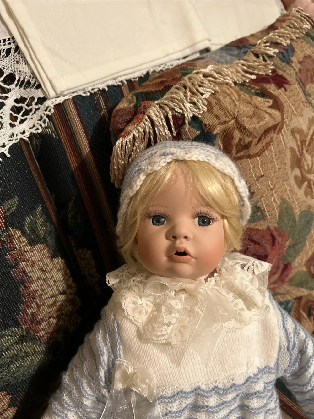 Porcelain Baby Doll in Cream & Light Blue Knit Outfit